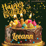 A delightful chocolate birthday cake with bright candles and 'Happy Birthday Leeann' written in gold amidst a shower of animated stars.