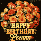 Animated bouquet of orange roses with moving butterfles and golden 'Happy Birthday Leeann' text, surrounded by sparkling accents and a dark backdrop for a luxurious feel.