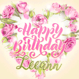 A stunning heart made of pink roses surrounds the elegant script text 'Happy Birthday Leeann' on a soft beige background. Animated sparkles add a magical and festive feel.