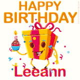 A vibrant and funny gift box character with a happy face dancing with a cupcake and the text 'Happy Birthday Leeann,' surrounded by animated confetti and party vibes.