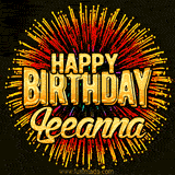 Golden 'Happy Birthday Leeanna' text accompanied by animated rainbow fireworks for a festive animated greeting.
