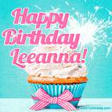 A festive cupcake with pink icing, a gingham bow, and a lit animated sparkler, paired with 'Happy Birthday Leeanna!' in bright pink text.