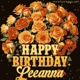Animated bouquet of orange roses with moving butterfles and golden 'Happy Birthday Leeanna' text, surrounded by sparkling accents and a dark backdrop for a luxurious feel.