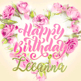 A stunning heart made of pink roses surrounds the elegant script text 'Happy Birthday Leeanna' on a soft beige background. Animated sparkles add a magical and festive feel.