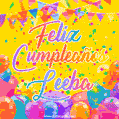 A bright and festive GIF with the text 'Feliz Cumpleaños Leeba' in Spanish in colorful fonts, surrounded by confetti, balloons, and festive banners on a vibrant yellow background.