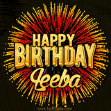 Golden 'Happy Birthday Leeba' text accompanied by animated rainbow fireworks for a festive animated greeting.