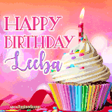 A vibrant birthday GIF featuring a rainbow-colored cupcake topped with white frosting, sprinkles, and a lit candle. The text reads 'Happy Birthday Leeba' in bold pink and violet letters with white outline.