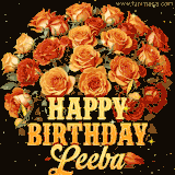 Animated bouquet of orange roses with moving butterfles and golden 'Happy Birthday Leeba' text, surrounded by sparkling accents and a dark backdrop for a luxurious feel.