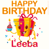 A vibrant and funny gift box character with a happy face dancing with a cupcake and the text 'Happy Birthday Leeba,' surrounded by animated confetti and party vibes.