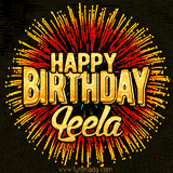 Golden 'Happy Birthday Leela' text accompanied by animated rainbow fireworks for a festive animated greeting.