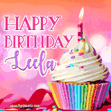 A vibrant birthday GIF featuring a rainbow-colored cupcake topped with white frosting, sprinkles, and a lit candle. The text reads 'Happy Birthday Leela' in bold pink and violet letters with white outline.