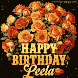 Animated bouquet of orange roses with moving butterfles and golden 'Happy Birthday Leela' text, surrounded by sparkling accents and a dark backdrop for a luxurious feel.