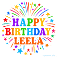 Happy Birthday Leela' GIF with rainbow-colored letters, colorful stars, and fireworks on white background.