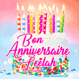 A white birthday cake covered in colorful sprinkles, topped with bright candles, and French text 'Bon Anniversaire Leelah' on a pastel gradient background in an animated GIF.