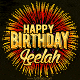 Golden 'Happy Birthday Leelah' text accompanied by animated rainbow fireworks for a festive animated greeting.