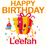 A vibrant and funny gift box character with a happy face dancing with a cupcake and the text 'Happy Birthday Leelah,' surrounded by animated confetti and party vibes.