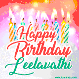 Bright birthday candles with rainbow flames on a cake, alongside the text 'Happy Birthday Leelavathi' in vibrant script in this celebratory animated GIF.