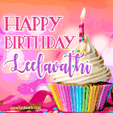 A vibrant birthday GIF featuring a rainbow-colored cupcake topped with white frosting, sprinkles, and a lit candle. The text reads 'Happy Birthday Leelavathi' in bold pink and violet letters with white outline.