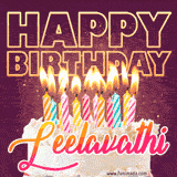 A colorful birthday cake topped with lit candles, with the words 'Happy Birthday Leelavathi' in bold glowing letters on a burgundy background. Animated flames add a festive touch.