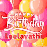 A vibrant name GIF featuring colorful balloons in shades of pink, orange, and yellow with the bold text 'Happy Birthday Leelavathi' in festive fonts, creating a lively birthday vibe.