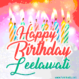 Bright birthday candles with rainbow flames on a cake, alongside the text 'Happy Birthday Leelawati' in vibrant script in this celebratory animated GIF.