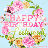 A charming animated GIF featuring 'Happy Birthday Leelawati' in pink and green text, surrounded by delicate roses, leaves, and fluttering butterflies on a soft light blue pastel background.