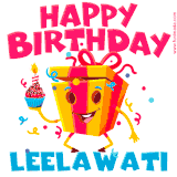 A vibrant and funny gift box character with a happy face dancing with a cupcake and the text 'Happy Birthday Leelawati,' surrounded by animated confetti and party vibes.