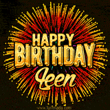 Golden 'Happy Birthday Leen' text accompanied by animated rainbow fireworks for a festive animated greeting.