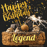 Animated GIF featuring the text 'Happy Birthday Legend' written in glittering gold above the luxurious chocolate birthday cake adorned with truffles, gold stars, and sparklers.