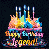 A vibrant animated GIF featuring a colorful rotating birthday cake with bright frosting swirls, glowing candles, and the text 'Happy Birthday Legend!' in rainbow colors.