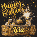Celebrate Leia's birthday with a GIF featuring chocolate cake, a lit sparkler, and golden stars