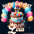 Hand-drawn happy birthday cake adorned with an arch of colorful balloons - name GIF for Leia