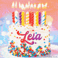 Personalized for Leia elegant birthday cake adorned with rainbow sprinkles, colorful candles and glitter