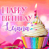 A vibrant birthday GIF featuring a rainbow-colored cupcake topped with white frosting, sprinkles, and a lit candle. The text reads 'Happy Birthday Leiana' in bold pink and violet letters with white outline.