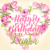 A stunning heart made of pink roses surrounds the elegant script text 'Happy Birthday Leiana' on a soft beige background. Animated sparkles add a magical and festive feel.