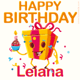 A vibrant and funny gift box character with a happy face dancing with a cupcake and the text 'Happy Birthday Leiana,' surrounded by animated confetti and party vibes.