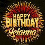 Golden 'Happy Birthday Leianna' text accompanied by animated rainbow fireworks for a festive animated greeting.