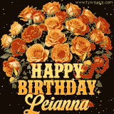 Animated bouquet of orange roses with moving butterfles and golden 'Happy Birthday Leianna' text, surrounded by sparkling accents and a dark backdrop for a luxurious feel.