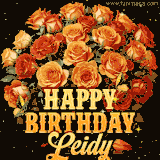 Animated bouquet of orange roses with moving butterfles and golden 'Happy Birthday Leidy' text, surrounded by sparkling accents and a dark backdrop for a luxurious feel.