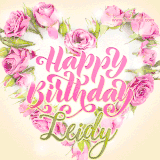 A stunning heart made of pink roses surrounds the elegant script text 'Happy Birthday Leidy' on a soft beige background. Animated sparkles add a magical and festive feel.