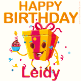 A vibrant and funny gift box character with a happy face dancing with a cupcake and the text 'Happy Birthday Leidy,' surrounded by animated confetti and party vibes.