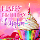 A vibrant birthday GIF featuring a rainbow-colored cupcake topped with white frosting, sprinkles, and a lit candle. The text reads 'Happy Birthday Leigha' in bold pink and violet letters with white outline.