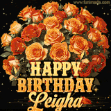 Animated bouquet of orange roses with moving butterfles and golden 'Happy Birthday Leigha' text, surrounded by sparkling accents and a dark backdrop for a luxurious feel.