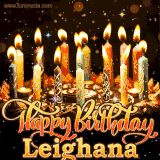A glowing personalized birthday GIF with name Leighana featuring lit candles with intricate designs, warm lighting, and the text 'Happy Birthday' in an elegant font.