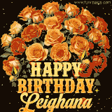 Animated bouquet of orange roses with moving butterfles and golden 'Happy Birthday Leighana' text, surrounded by sparkling accents and a dark backdrop for a luxurious feel.