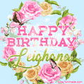 A charming animated GIF featuring 'Happy Birthday Leighana' in pink and green text, surrounded by delicate roses, leaves, and fluttering butterflies on a soft light blue pastel background.