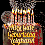 A chocolate birthday cake with glowing candles, the German text 'Alles Gute zum Geburtstag Leighann,' and vibrant fireworks lighting up the background in an animated GIF.
