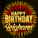 Golden 'Happy Birthday Leighann' text accompanied by animated rainbow fireworks for a festive animated greeting.