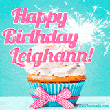 A festive cupcake with pink icing, a gingham bow, and a lit animated sparkler, paired with 'Happy Birthday Leighann!' in bright pink text.