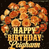 Animated bouquet of orange roses with moving butterfles and golden 'Happy Birthday Leighann' text, surrounded by sparkling accents and a dark backdrop for a luxurious feel.